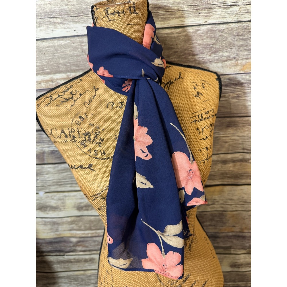 Navy Blue Peach Floral Chiffon Scarf Lightweight Sheer Rectangular Accessory